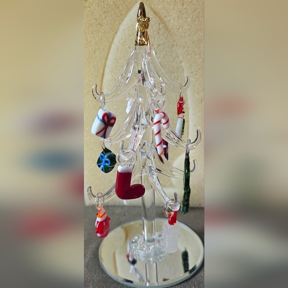 Glass Christmas Tree Figurine with 12 Ornaments and Mirrored Base - Picture 7 of 9